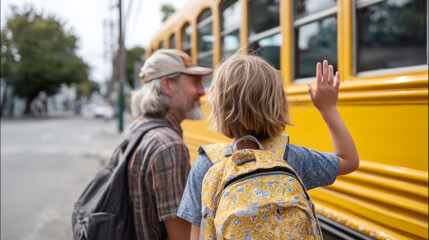Joyful sendoff: smiling parent waving goodbye to child boarding school bus