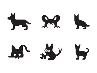 Simple Black Silhouette Icons of Dogs and Cats