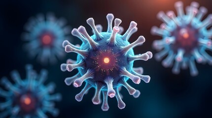 Obraz premium Colorful depiction of virus particles with intricate structures, illustrating their biological complexity and microscopic beauty.