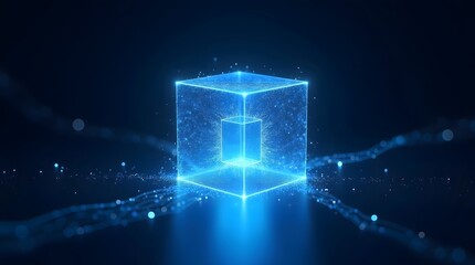 Obraz premium A glowing, transparent blue cube surrounded by shimmering particles and digital connections, evoking a sense of technology and innovation.