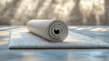 Rolled yoga mat resting on a soft surface.
