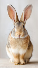 Obraz premium Curious rabbit with alert ears facing camera against neutral background
