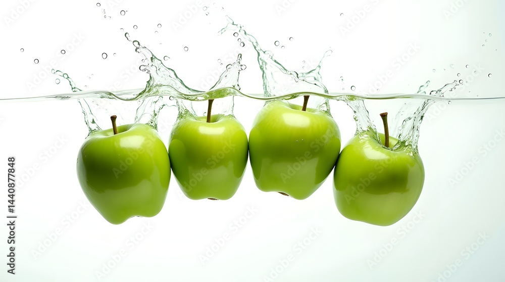 Poster four green apples splashing into clear water, creating dynamic ripples and droplets.