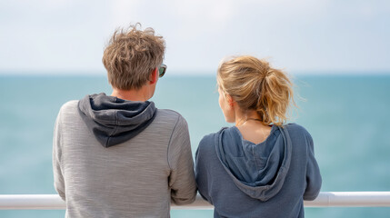 Friendship and relaxation: two people enjoying ocean view from rail