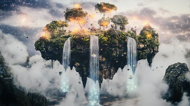 Fantasy floating island with waterfalls, trees, and mystical fog in a magical landscape