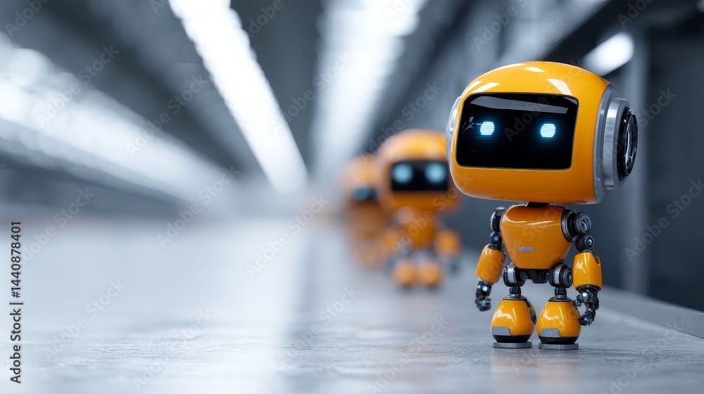 Poster small robots idling in factory corridor - industrial robots standing idle, symbolizing automation, e