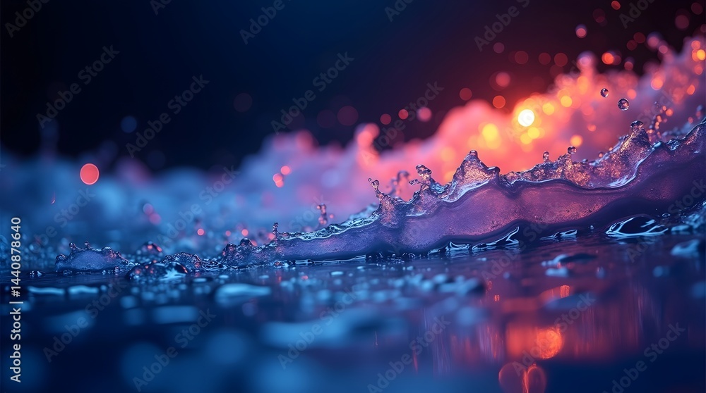 Poster a mesmerizing close-up of waves crashing in vibrant blue and orange shades, creating a dynamic and d
