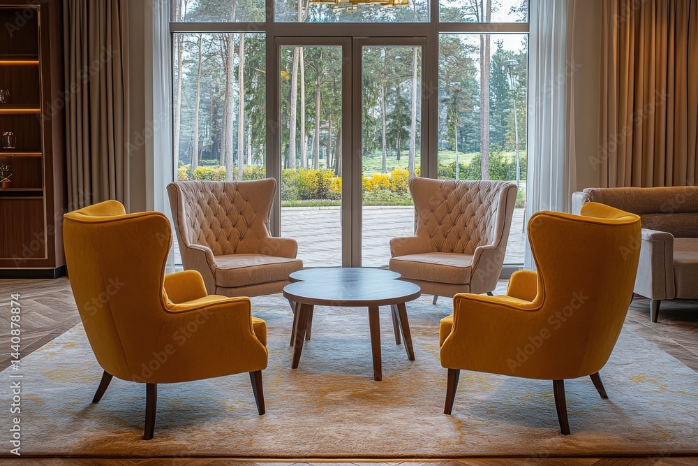 Poster interior with four chairs and a table facing large windows with view of trees outside