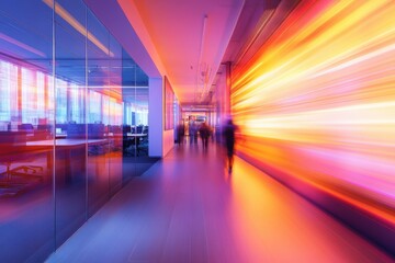 Hallway with blurred figures and glass walled office space with vibrant colors and light streaks