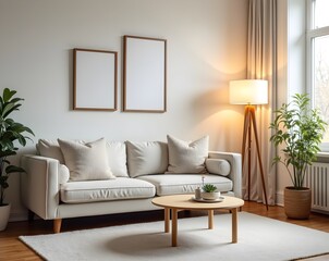 Modern minimalist living room with white sofa, framed art, wooden coffee table, warm lighting, and cozy decor in neutral tones.