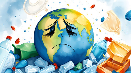 Plastic waste in the world world environment day watercolor design. Generative AI