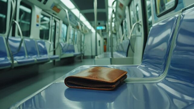 Empty subway car, brown leather wallet on seat.