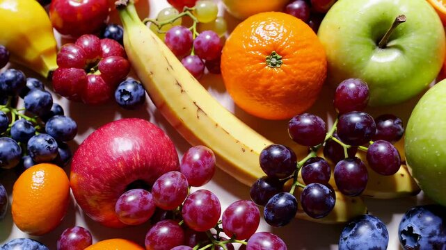 assortment of fresh fruits including bananas, oranges, apples, grapes, and raspberries arranged on a bright surface, representing a healthy lifestyle rich in natural sugars and vitamins