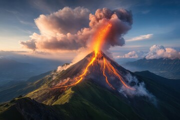 Fototapeta premium Volcano erupts dramatically under a twilight sky showcasing lava flows and ash clouds in a breathtaking natural display