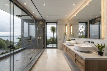 Modern Bathroom Design Featuring Dual Sinks and Shower Area Generative AI