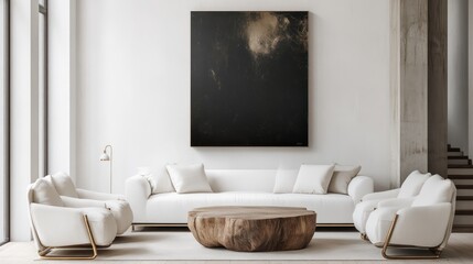 Modern living room, abstract art, wooden coffee table, natural light