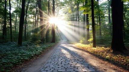 Obraz premium Sunlit Forest Path - A paved path winds through a sun-drenched forest, symbolizing serenity, journey, nature, hope, and new beginnings
