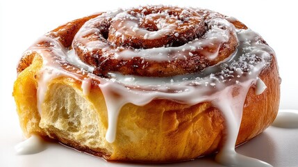 Fototapeta premium a freshly baked, golden cinnamon roll with icing on top on a white isolated background, warm and comforting design