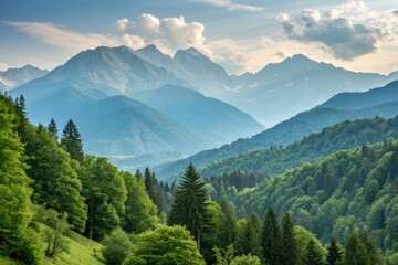 Fototapeta premium Majestic Mountain Range Surrounded by Lush Green Trees Generative AI