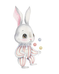 Watercolor illustration of a rabbit in a clown costume, done in soft colors.