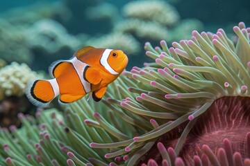 Orange Clownfish Swimming Among Vibrant Sea Anemones Generative AI