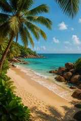 Beautiful Tropical Beach With Palm Trees and Clear Blue Water During Daytime