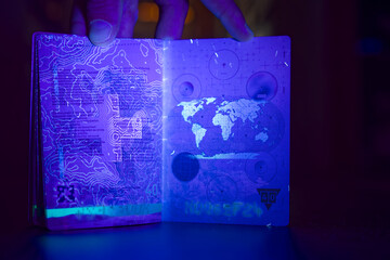 Close-up of current version of Swiss biometric passport with relief of Gotthard mountain pass illuminated by UV light. Photo taken April 28th, 2025, Zurich, Switzerland.