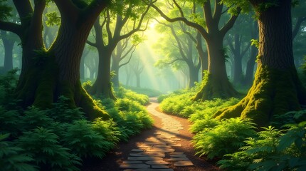 A serene forest pathway illuminated by gentle sunlight filtering through lush green trees.