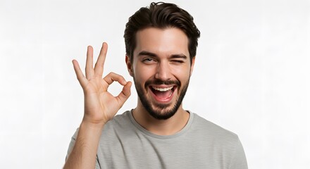 Fototapeta premium Man with dark hair and beard winking and making an ok sign against a white background in a grey shirt