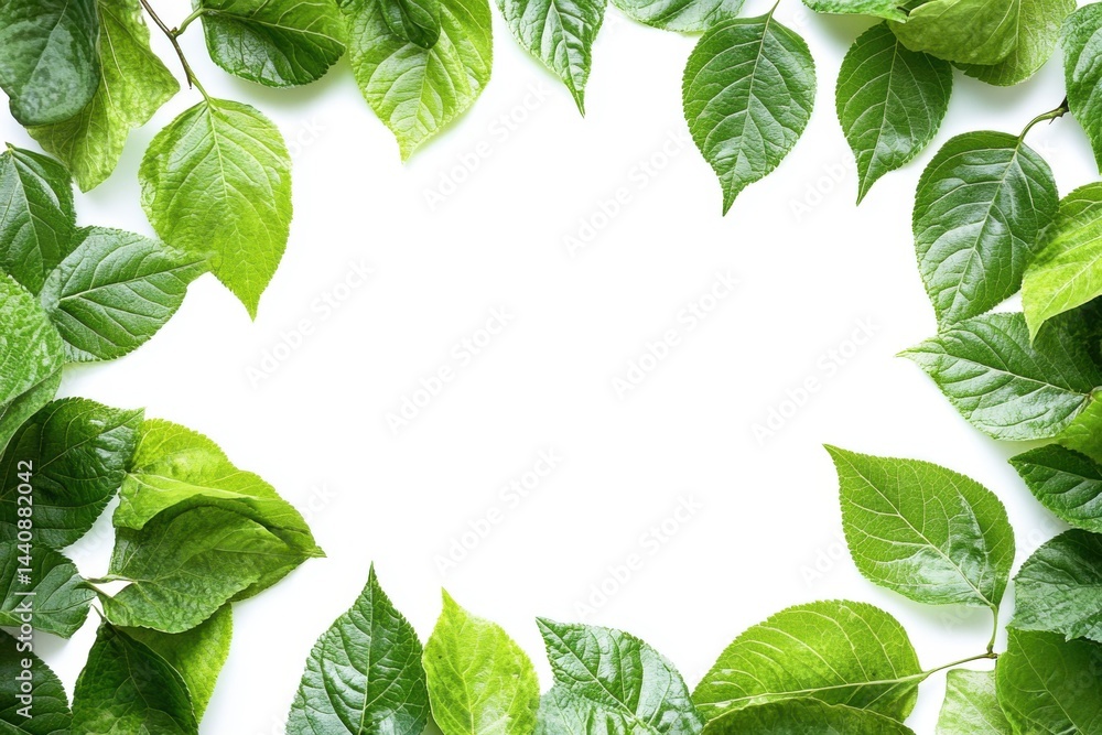 Poster a frame of green leaves on a white background with a central blank space for text or image insertion