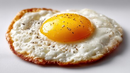 a close-up of a perfectly cooked sunny side up egg with a soft yolk on a white isolated background, simple and delicious design