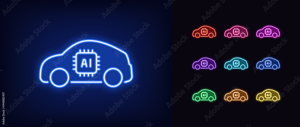 Poster outline neon ai car icon. glowing neon electric suv car with ai algorithms, artificial intelligence 