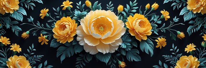 Vibrant floral digital artwork with blooming flowers and lush leaves on a dark, richly contrasting background, web banner.