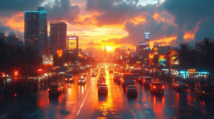 Vibrant Sunset Over a Bustling Urban Landscape with Reflective Wet Streets and Illuminated Skys