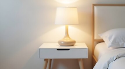 Cozy bedroom scene featuring a stylish lamp and a neatly made bed.