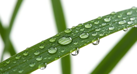 Naklejka premium Water Droplets on Green Grass Blade Fresh Dew