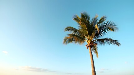 A tall palm tree sways gently against a bright blue sky, evoking a sense of tropical paradise.