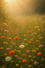 Fototapeta premium Colorful Wildflower Field During Golden Hour in the Countryside