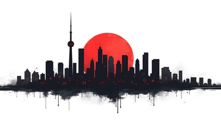 Obraz premium Silhouette of a modern city skyline at sunset with a large red sun in the background.