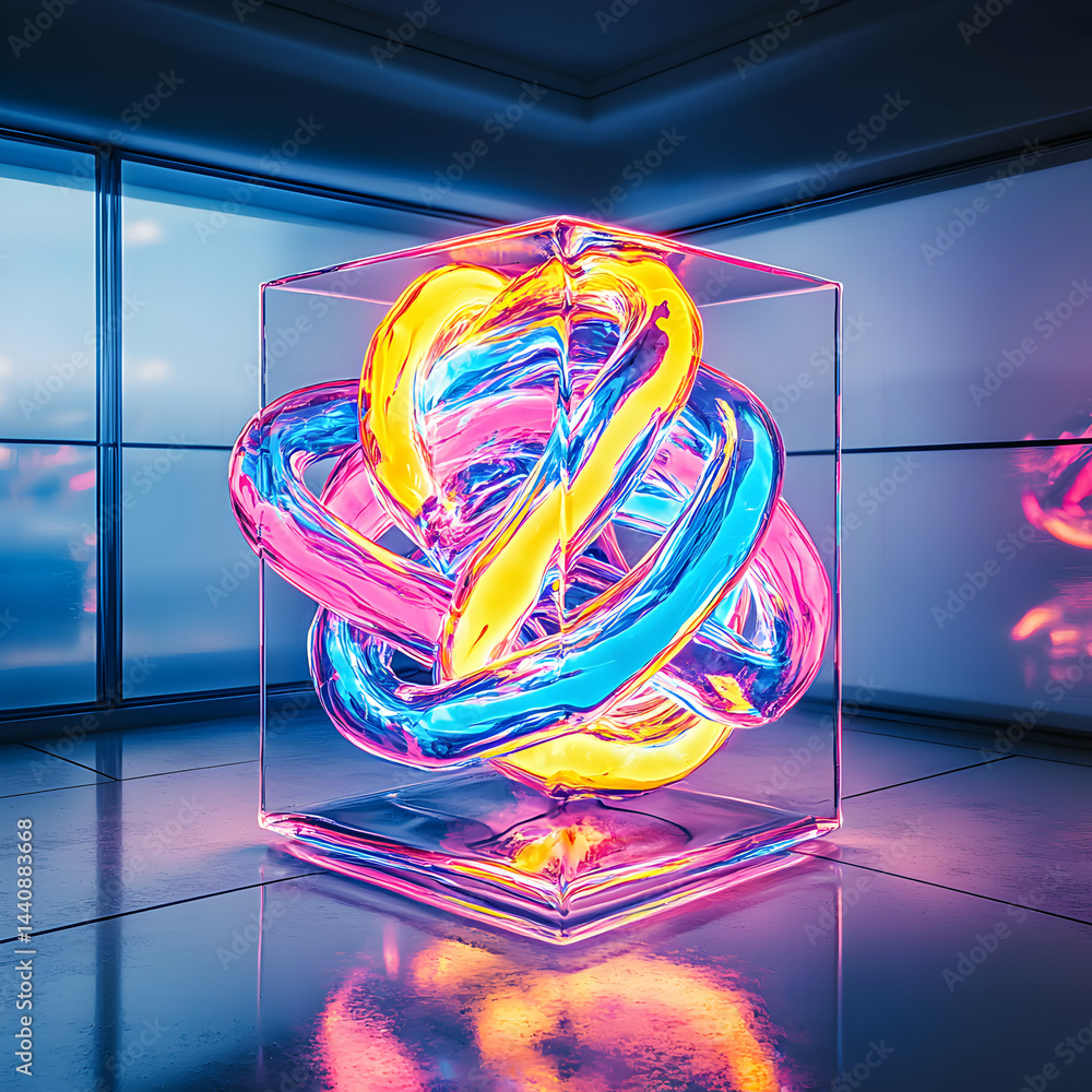 Poster abstract art piece within a glass cube. the neon colors and reflections create a futuristic and mesm