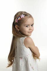 Cute little girl with beautiful hair clips on white background