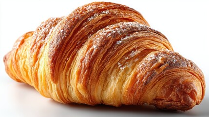 a fresh, golden-brown croissant with flaky layers on a white isolated background, warm and buttery design