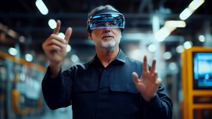 Man wearing augmented reality glasses interacting with virtual interface in industrial setting
