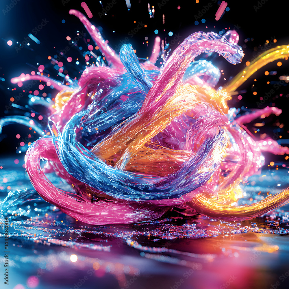 Poster vibrant abstract artwork with interwoven strands of color. use this imagery as a visual representati