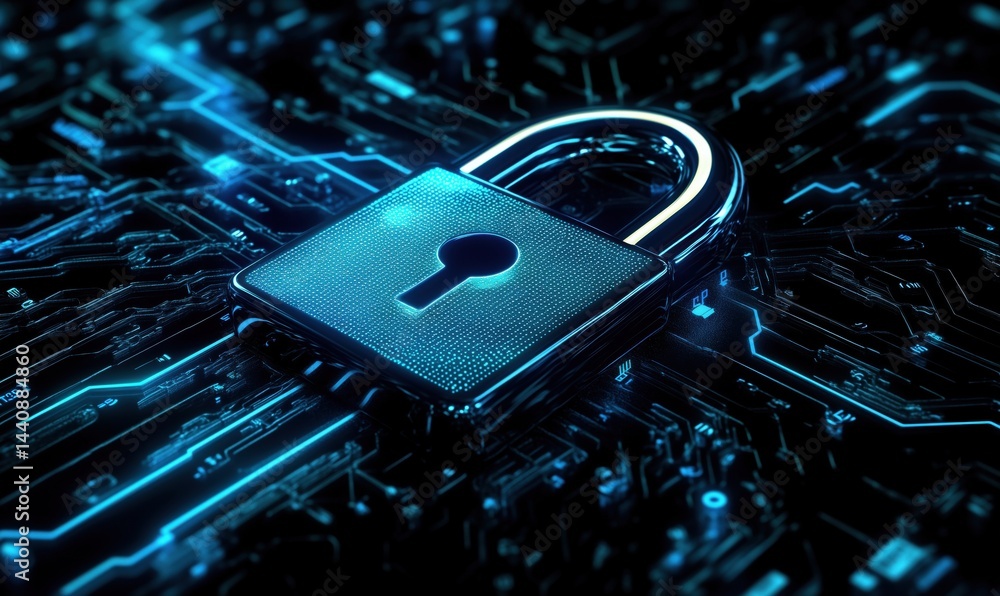 Fototapete Digital padlock symbolizing cybersecurity and data protection on circuit board background