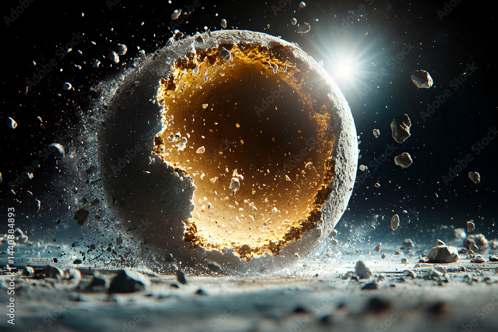 Poster a celestial body in the midst of destruction. possible application in science fiction art or a visua