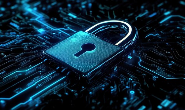 Digital padlock symbolizing cybersecurity and data protection on circuit board background