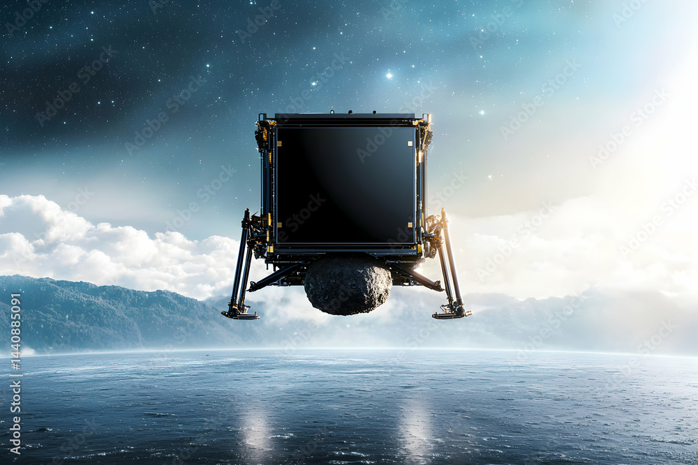 Poster an artistic depiction of a space probe hovering above a planet collecting asteroid samples. applicat