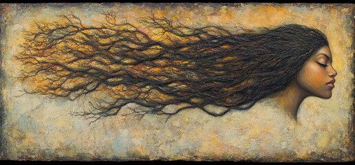 Woman's flowing hair, nature's embrace, serene landscape, art print