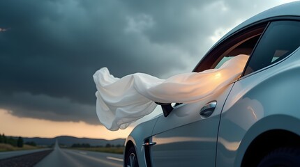 Fototapeta premium A silver car with a flowing white fabric sash out the window, driving along an empty road under a dramatic sky.
